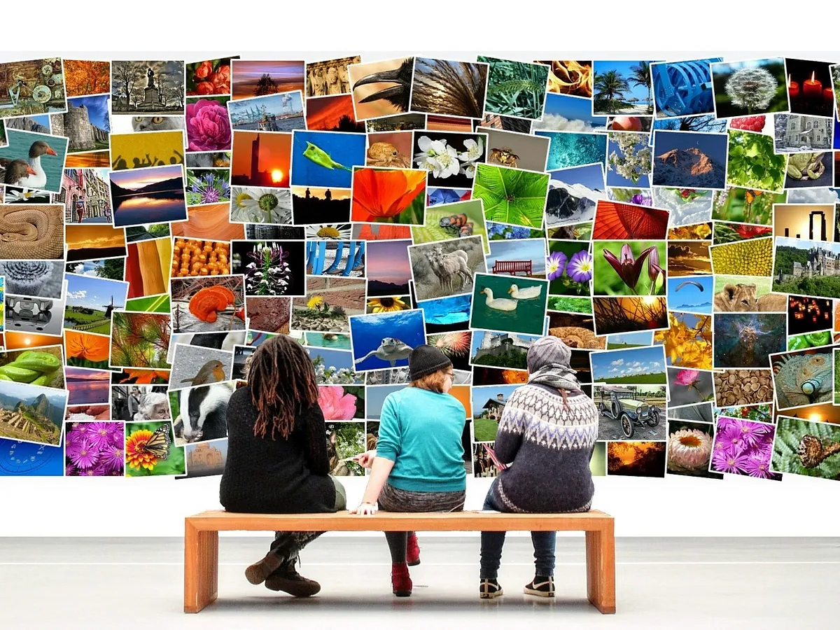 Personen beim Betrachten einer Bilderwand